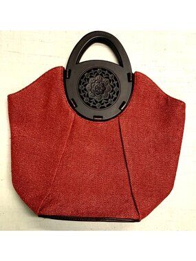 Coldwater Creek Red Rust Tote Bag Handbag Burlap w/Carved Round Handle